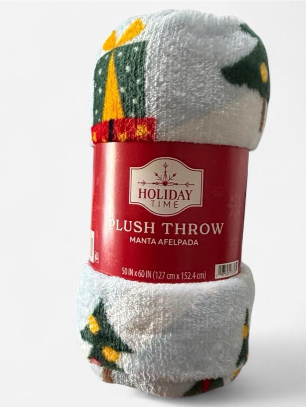 Holiday Time White Plush Throw with Green & Yellow Holiday Accents